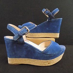 Prada 3XZ170 Blue Suede Espadrille Wedge Sandals Size 8.5 | 39